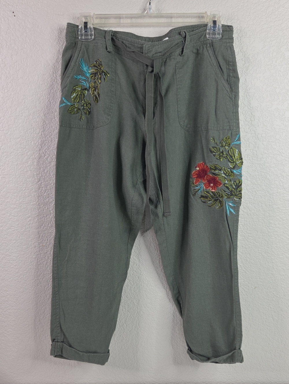 Embroidered Linen Olive Green Straight-Leg Women’s Pants